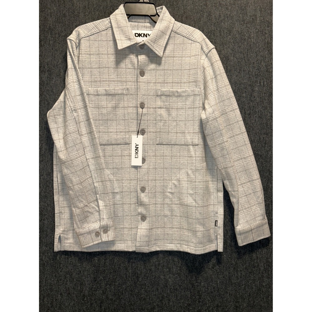 DKNY Mens Size Medium Tofu Grey Plaid Shacket Shirt‎ Jacket Heavyweight Utility